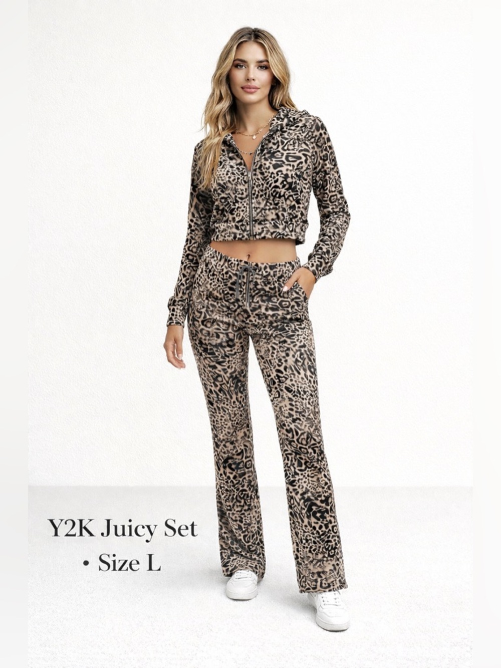 Y2K Juicy Couture Leopard Print Velour Tracksuit Hoodie‎ Pants Set L